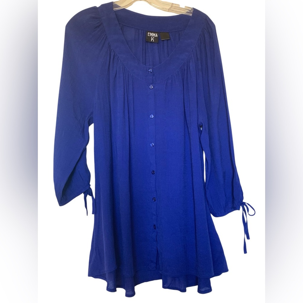 EMMA K Royal Blue Button-Up Blouse Shirt Top Flowy Silhouette Woman’s Shirt Top